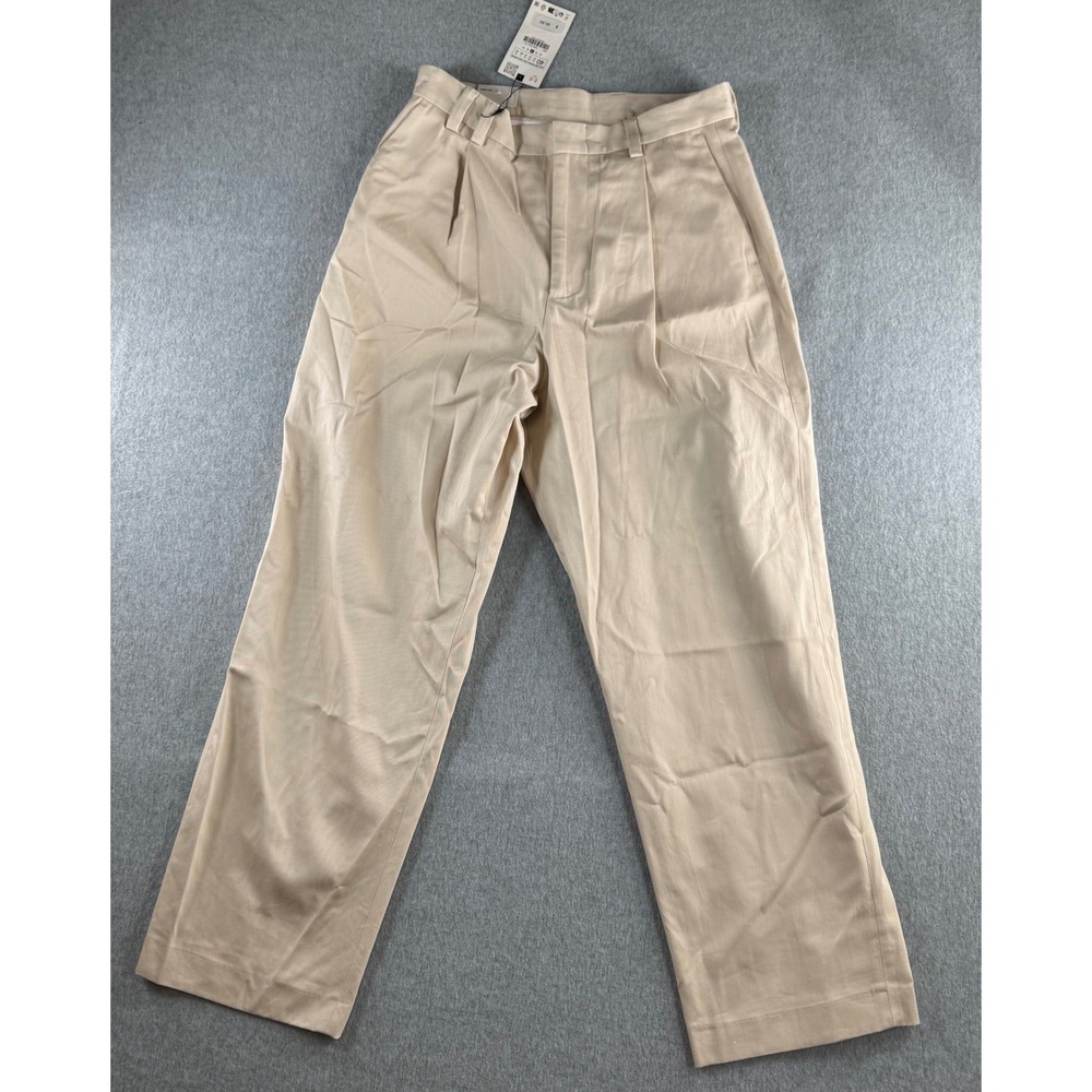 Zara Man Wide Leg Pleated Trousers Beige Tan Pants 6332/616/710 Mens 31 NWT